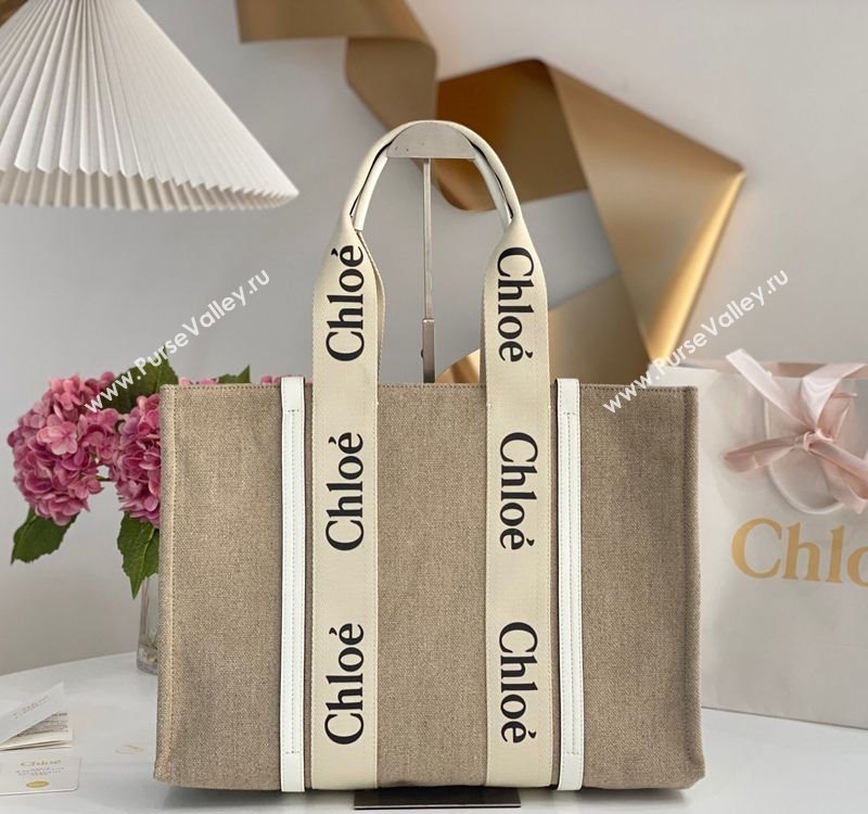 Chloe Large Woody Tote Bag in Linen Canvas and Calfskin Leather White 2025 1120 (DLA-251120066)