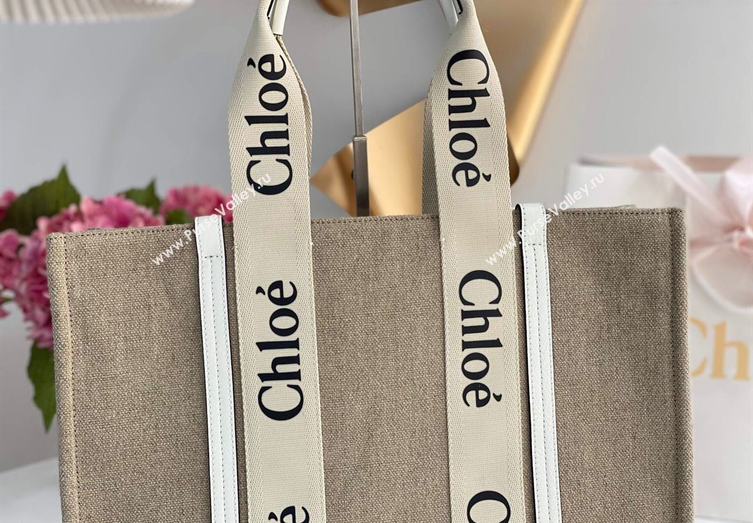 Chloe Large Woody Tote Bag in Linen Canvas and Calfskin Leather White 2025 1120 (DLA-251120066)