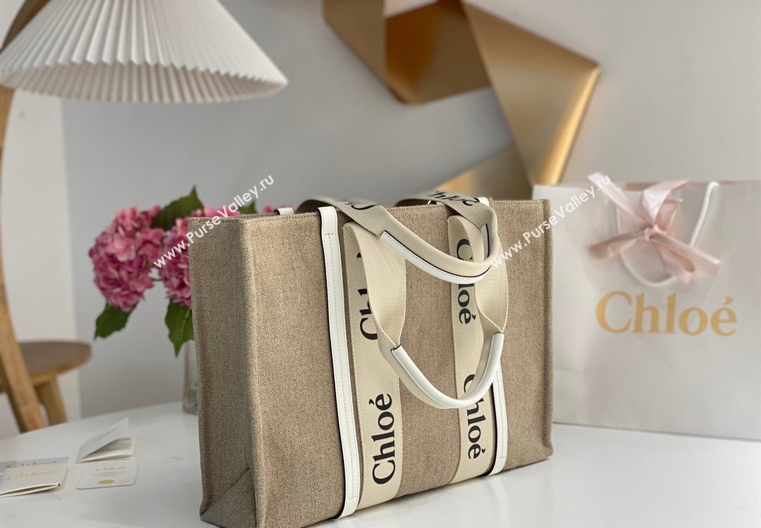 Chloe Large Woody Tote Bag in Linen Canvas and Calfskin Leather White 2025 1120 (DLA-251120066)