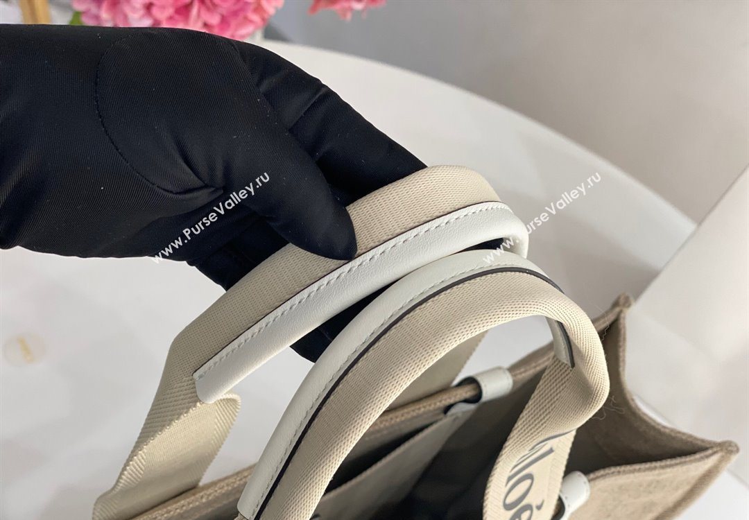 Chloe Large Woody Tote Bag in Linen Canvas and Calfskin Leather White 2025 1120 (DLA-251120066)
