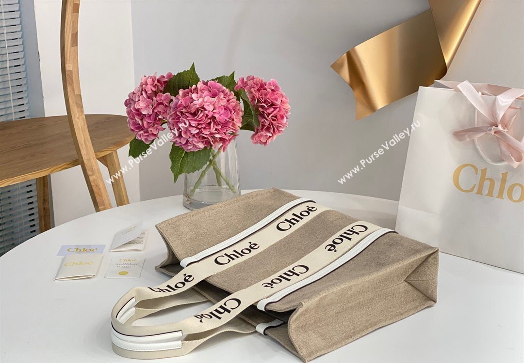 Chloe Large Woody Tote Bag in Linen Canvas and Calfskin Leather White 2025 1120 (DLA-251120066)