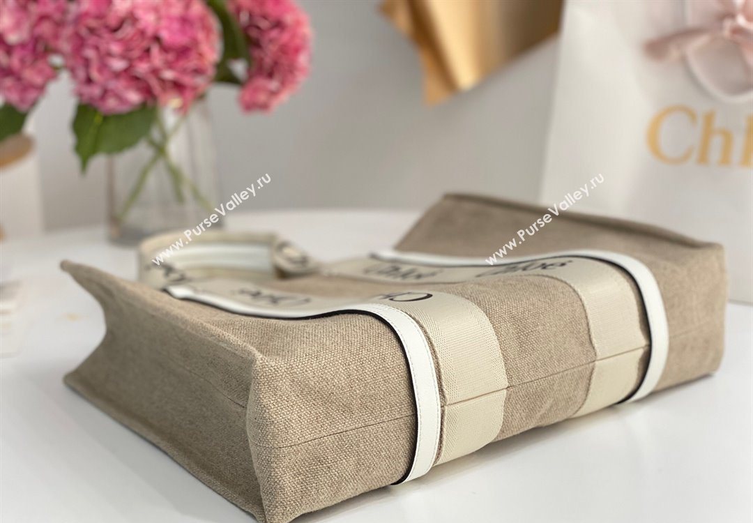 Chloe Large Woody Tote Bag in Linen Canvas and Calfskin Leather White 2025 1120 (DLA-251120066)