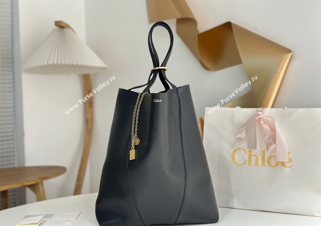 Chloe Large Spin Tote Bag in Grained Leather Black 2025 1120 (DLA-251120044)