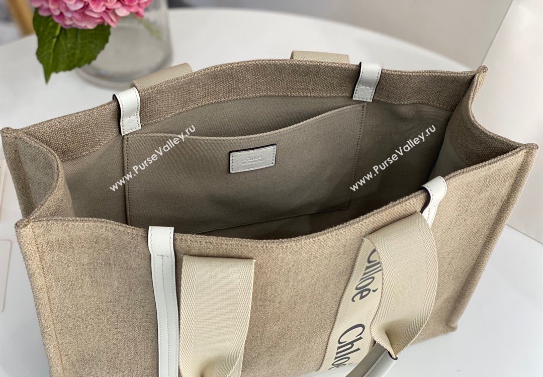 Chloe Large Woody Tote Bag in Linen Canvas and Calfskin Leather White 2025 1120 (DLA-251120066)