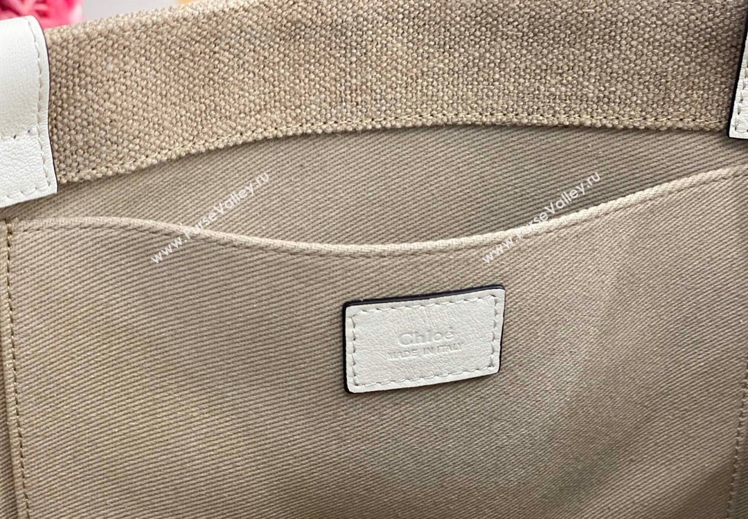 Chloe Large Woody Tote Bag in Linen Canvas and Calfskin Leather White 2025 1120 (DLA-251120066)