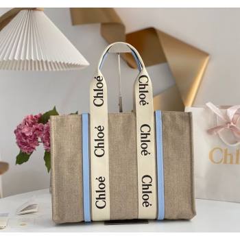 Chloe Large Woody Tote Bag in Linen Canvas and Calfskin Leather Light Blue 2025 1120 (DLA-251120067)