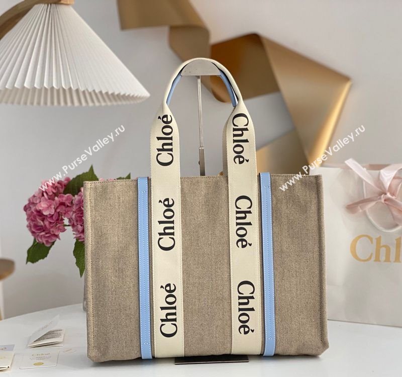 Chloe Large Woody Tote Bag in Linen Canvas and Calfskin Leather Light Blue 2025 1120 (DLA-251120067)