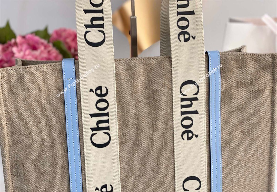 Chloe Large Woody Tote Bag in Linen Canvas and Calfskin Leather Light Blue 2025 1120 (DLA-251120067)