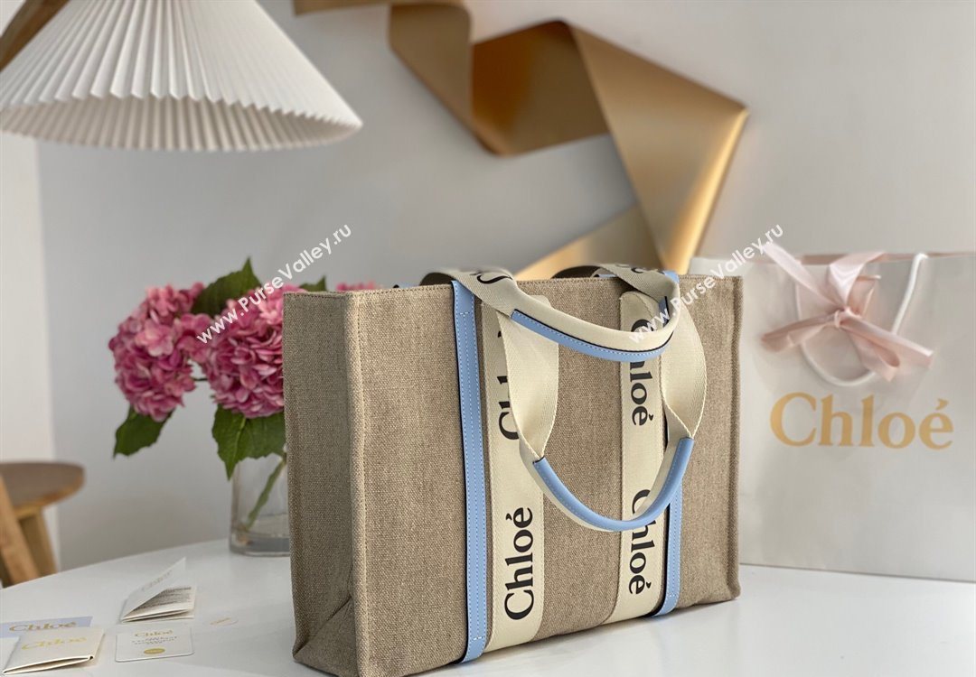 Chloe Large Woody Tote Bag in Linen Canvas and Calfskin Leather Light Blue 2025 1120 (DLA-251120067)