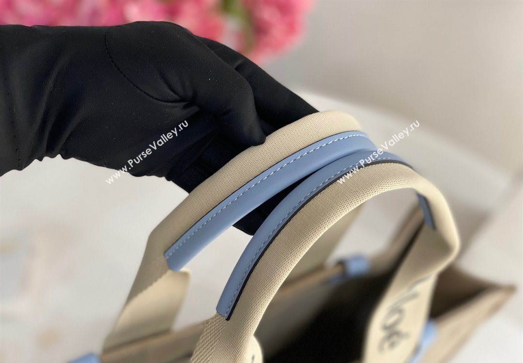 Chloe Large Woody Tote Bag in Linen Canvas and Calfskin Leather Light Blue 2025 1120 (DLA-251120067)