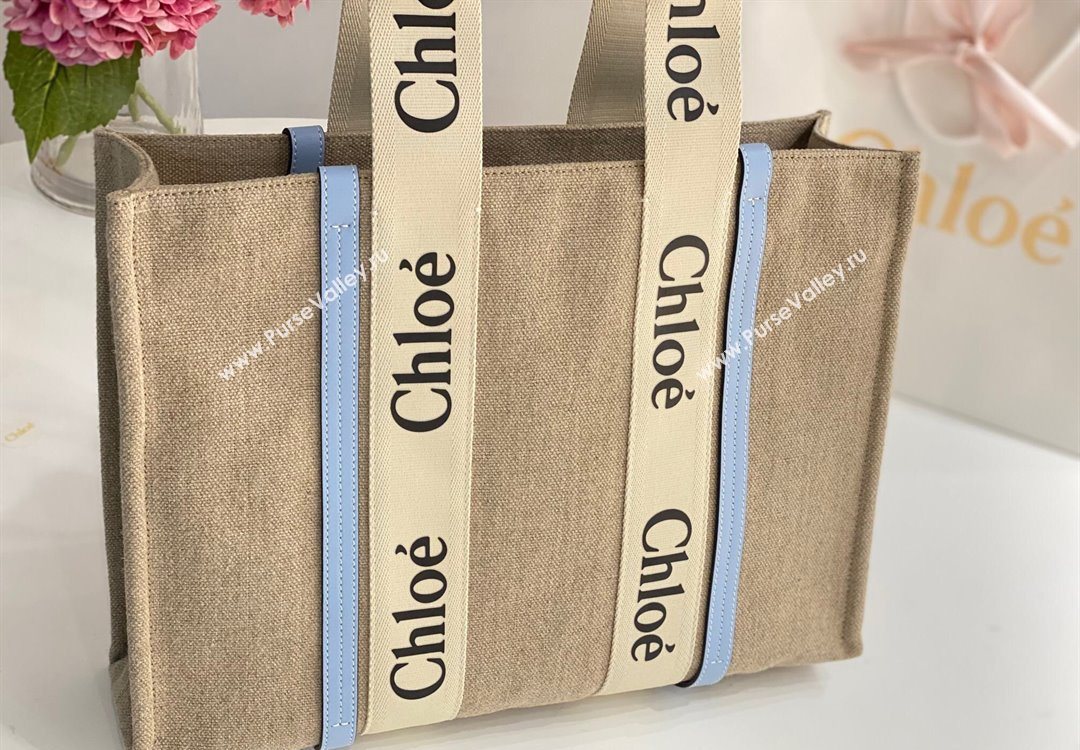 Chloe Large Woody Tote Bag in Linen Canvas and Calfskin Leather Light Blue 2025 1120 (DLA-251120067)
