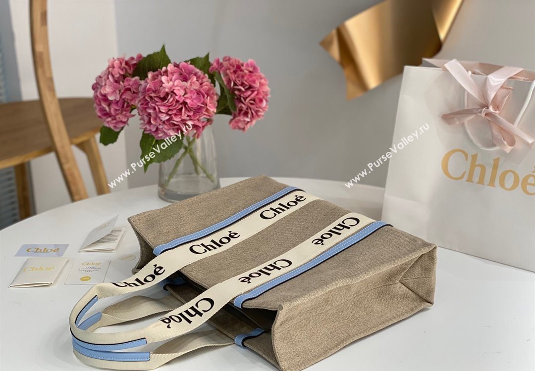 Chloe Large Woody Tote Bag in Linen Canvas and Calfskin Leather Light Blue 2025 1120 (DLA-251120067)