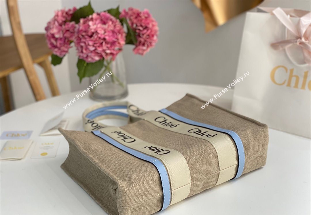 Chloe Large Woody Tote Bag in Linen Canvas and Calfskin Leather Light Blue 2025 1120 (DLA-251120067)