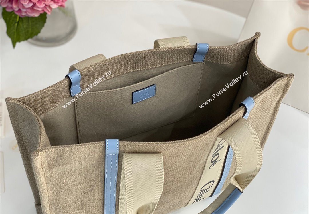 Chloe Large Woody Tote Bag in Linen Canvas and Calfskin Leather Light Blue 2025 1120 (DLA-251120067)