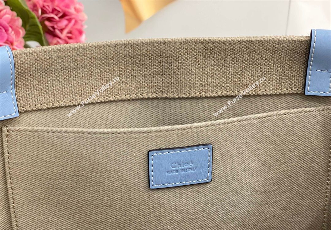 Chloe Large Woody Tote Bag in Linen Canvas and Calfskin Leather Light Blue 2025 1120 (DLA-251120067)