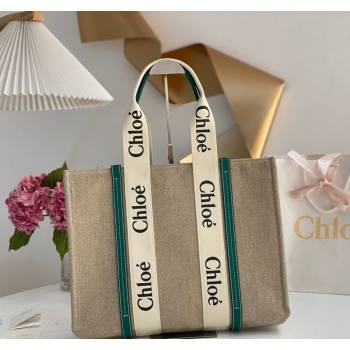 Chloe Large Woody Tote Bag in Linen Canvas and Calfskin Leather Dark Green 2025 1120 (DLA-251120068)