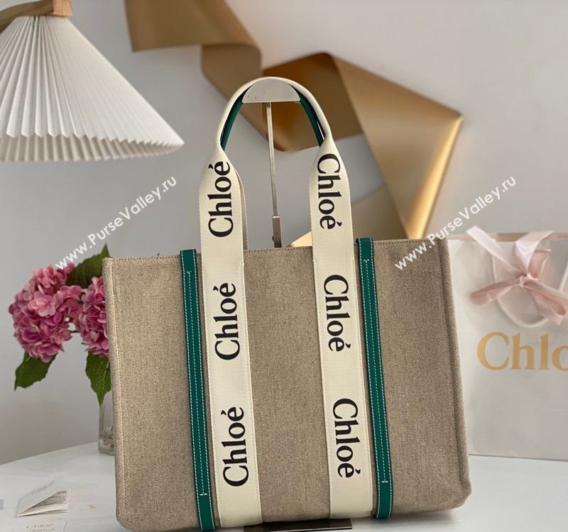 Chloe Large Woody Tote Bag in Linen Canvas and Calfskin Leather Dark Green 2025 1120 (DLA-251120068)