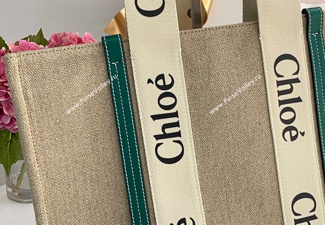 Chloe Large Woody Tote Bag in Linen Canvas and Calfskin Leather Dark Green 2025 1120 (DLA-251120068)