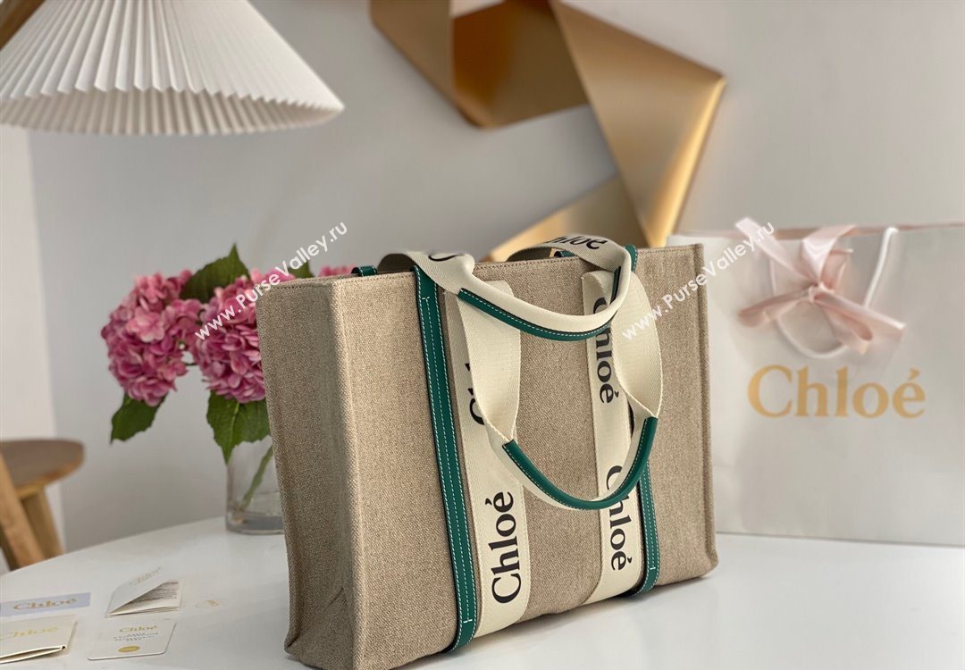 Chloe Large Woody Tote Bag in Linen Canvas and Calfskin Leather Dark Green 2025 1120 (DLA-251120068)