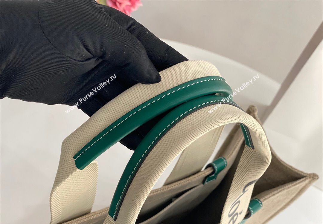 Chloe Large Woody Tote Bag in Linen Canvas and Calfskin Leather Dark Green 2025 1120 (DLA-251120068)