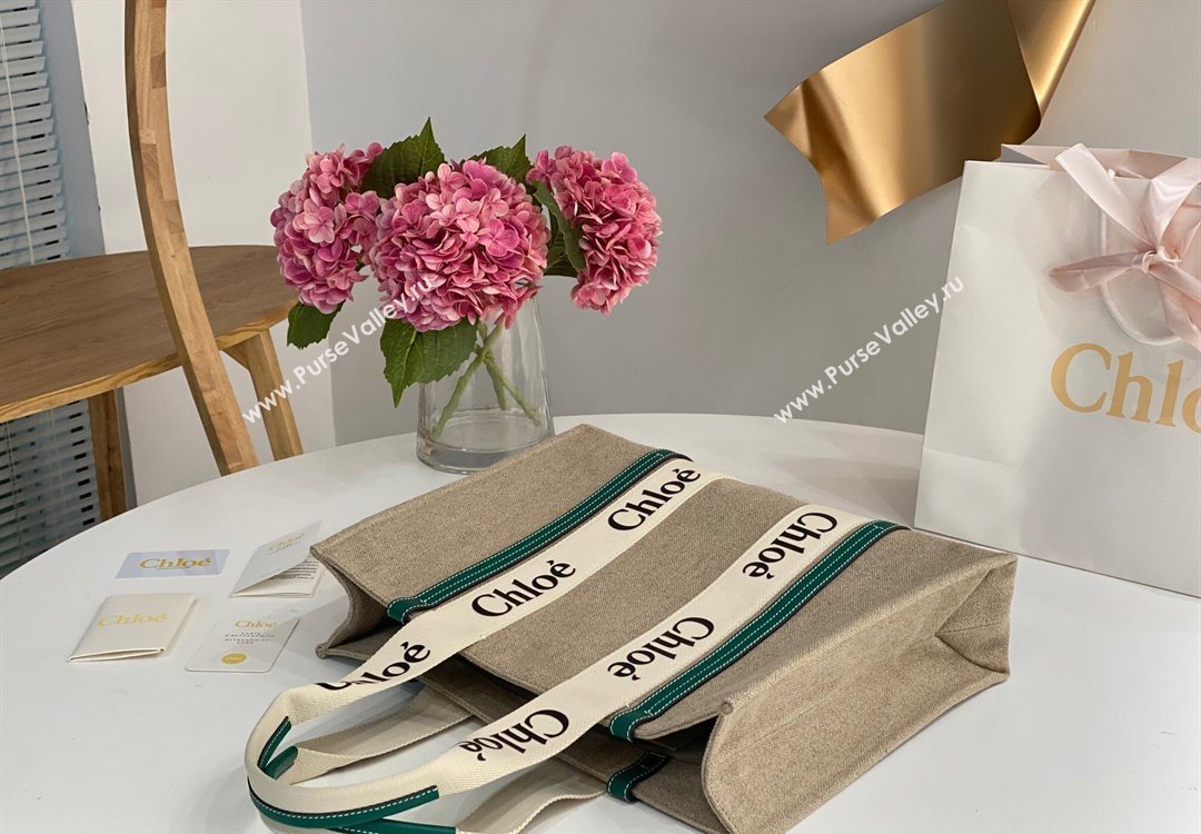 Chloe Large Woody Tote Bag in Linen Canvas and Calfskin Leather Dark Green 2025 1120 (DLA-251120068)
