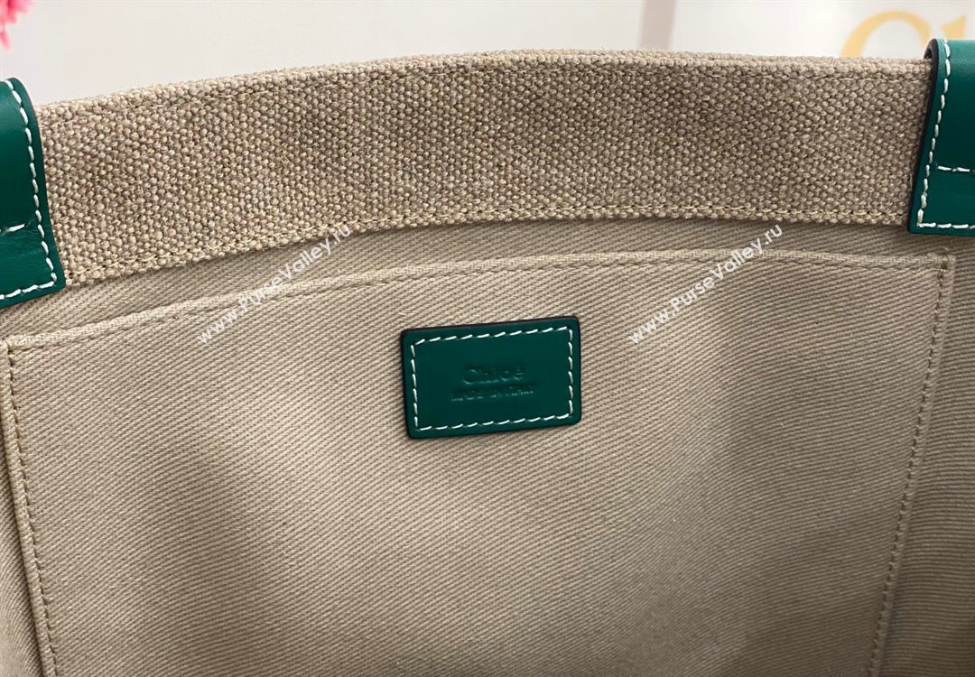 Chloe Large Woody Tote Bag in Linen Canvas and Calfskin Leather Dark Green 2025 1120 (DLA-251120068)