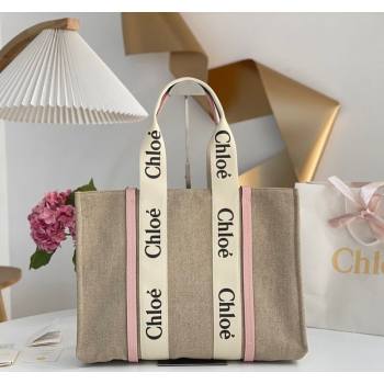 Chloe Large Woody Tote Bag in Linen Canvas and Calfskin Leather Light Pink 2025 1120 (DLA-251120069)