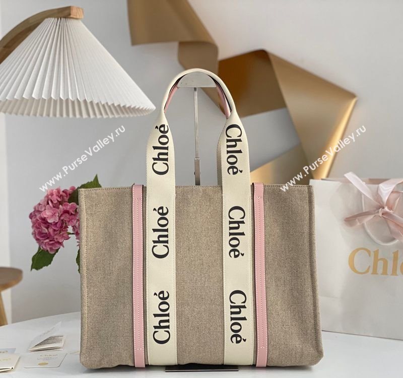 Chloe Large Woody Tote Bag in Linen Canvas and Calfskin Leather Light Pink 2025 1120 (DLA-251120069)