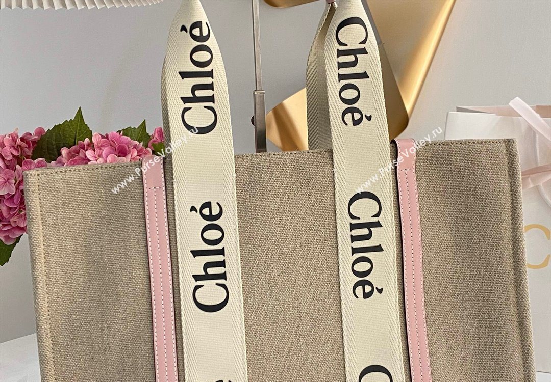 Chloe Large Woody Tote Bag in Linen Canvas and Calfskin Leather Light Pink 2025 1120 (DLA-251120069)