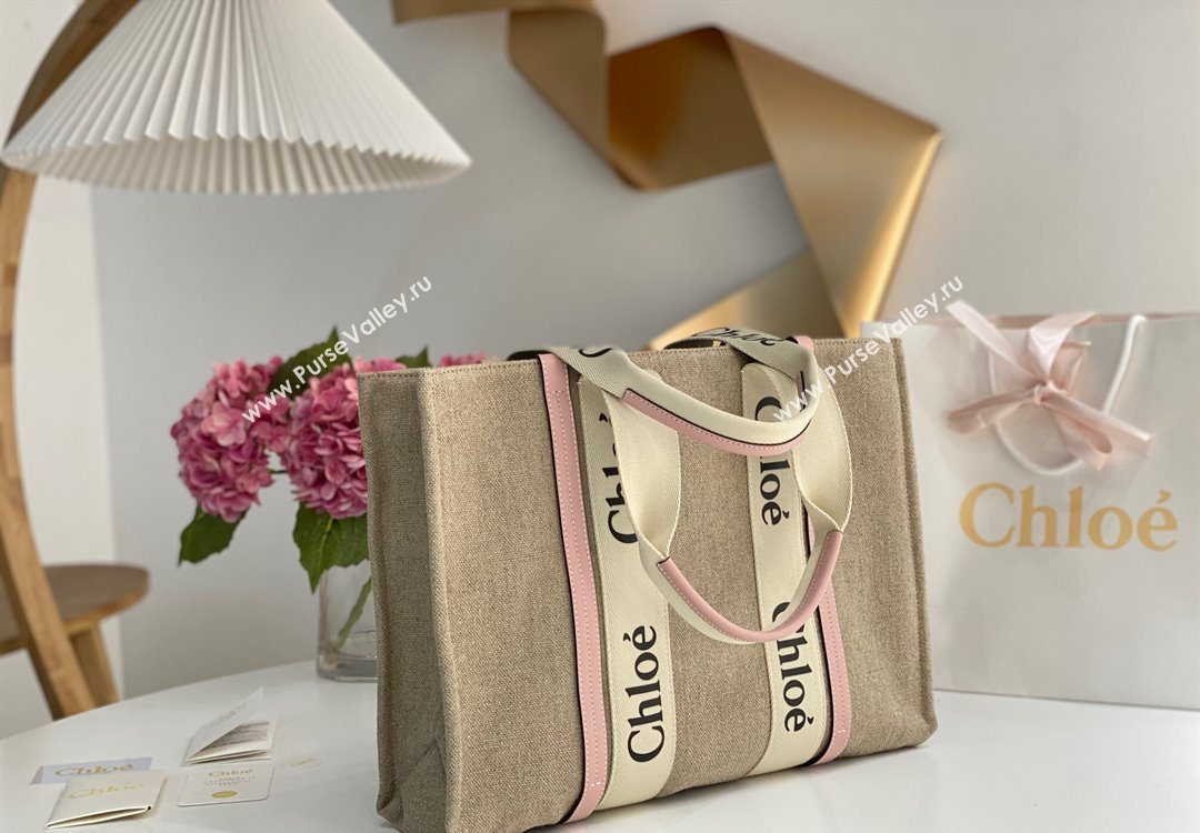 Chloe Large Woody Tote Bag in Linen Canvas and Calfskin Leather Light Pink 2025 1120 (DLA-251120069)