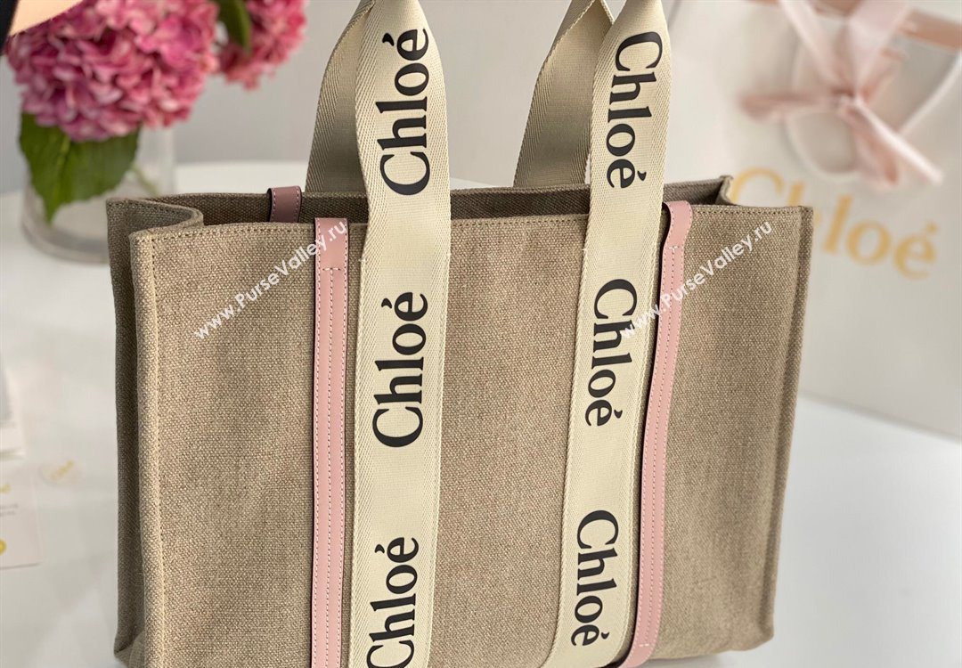 Chloe Large Woody Tote Bag in Linen Canvas and Calfskin Leather Light Pink 2025 1120 (DLA-251120069)