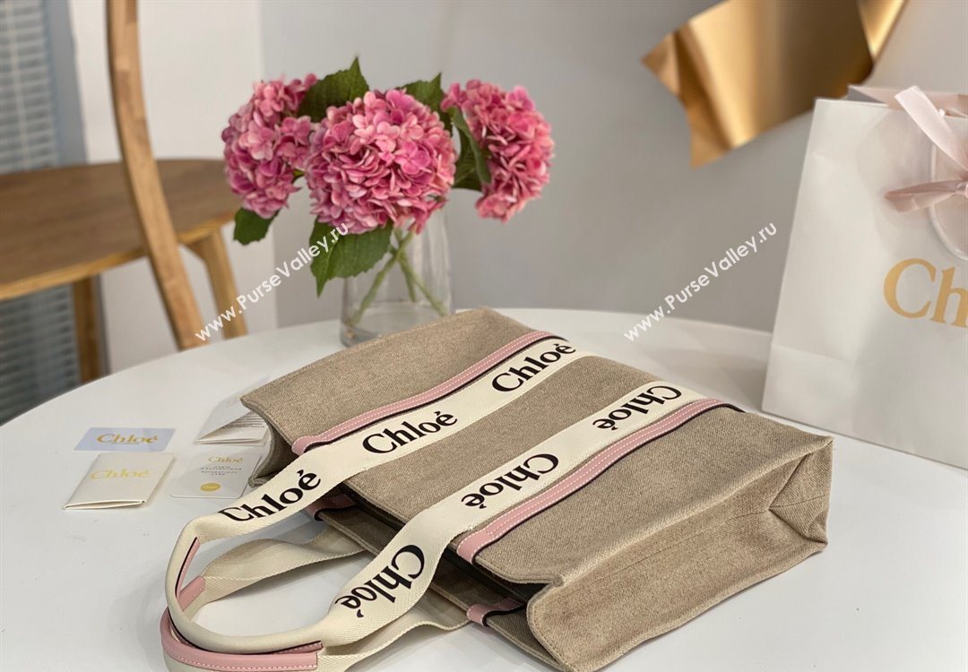 Chloe Large Woody Tote Bag in Linen Canvas and Calfskin Leather Light Pink 2025 1120 (DLA-251120069)