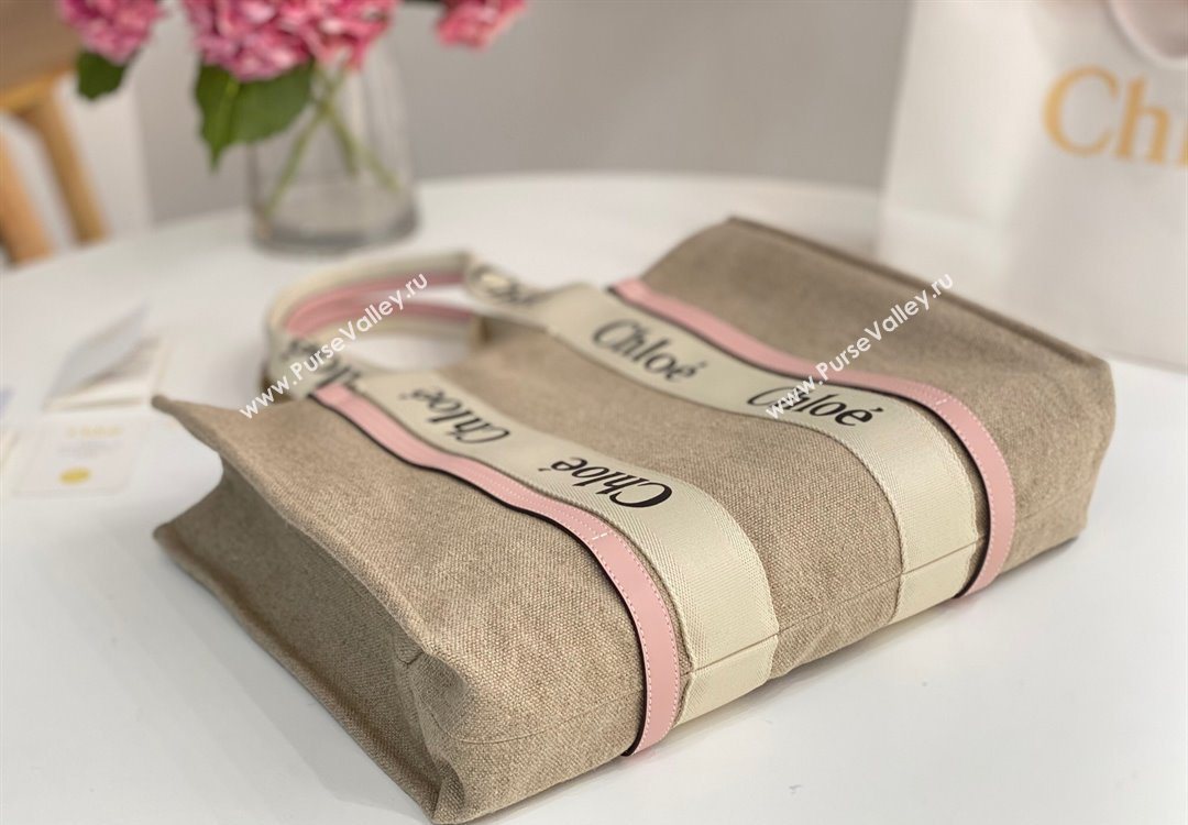 Chloe Large Woody Tote Bag in Linen Canvas and Calfskin Leather Light Pink 2025 1120 (DLA-251120069)