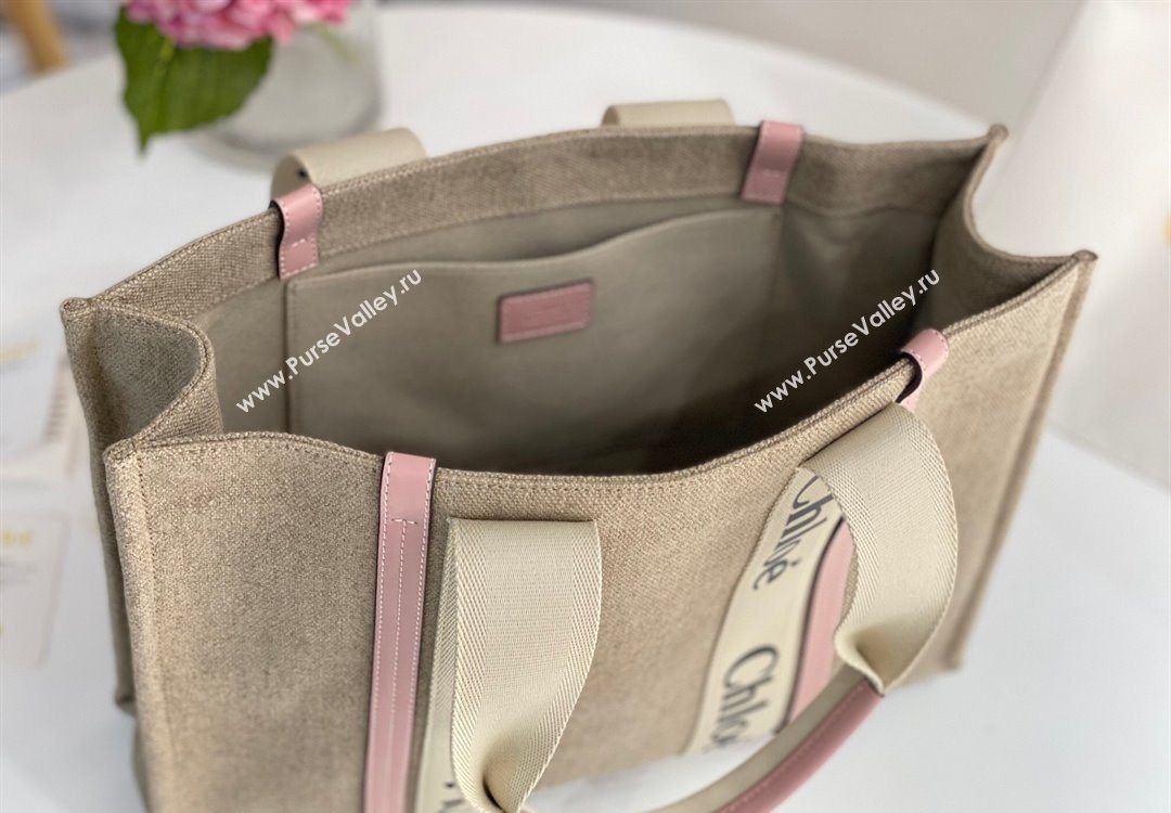 Chloe Large Woody Tote Bag in Linen Canvas and Calfskin Leather Light Pink 2025 1120 (DLA-251120069)
