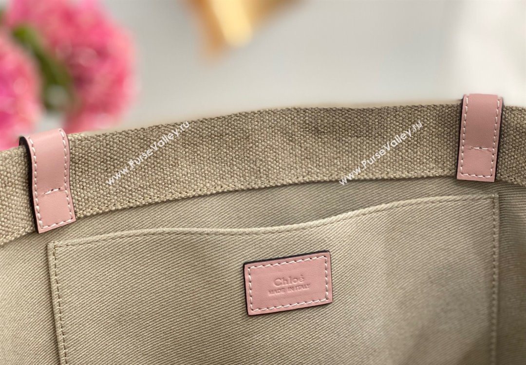 Chloe Large Woody Tote Bag in Linen Canvas and Calfskin Leather Light Pink 2025 1120 (DLA-251120069)