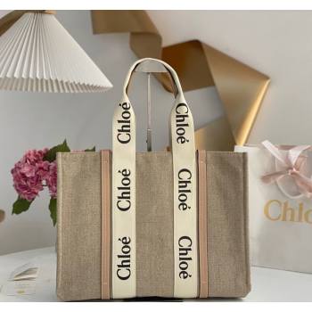 Chloe Large Woody Tote Bag in Linen Canvas and Calfskin Leather Beige 2025 1120 (DLA-251120070)