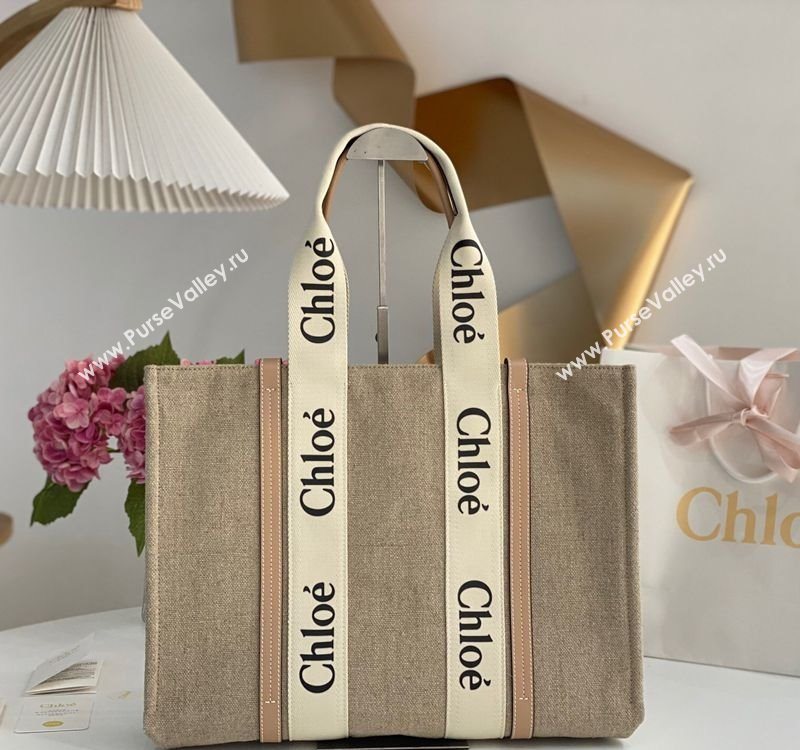 Chloe Large Woody Tote Bag in Linen Canvas and Calfskin Leather Beige 2025 1120 (DLA-251120070)