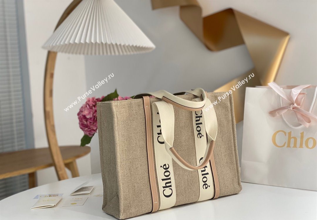 Chloe Large Woody Tote Bag in Linen Canvas and Calfskin Leather Beige 2025 1120 (DLA-251120070)