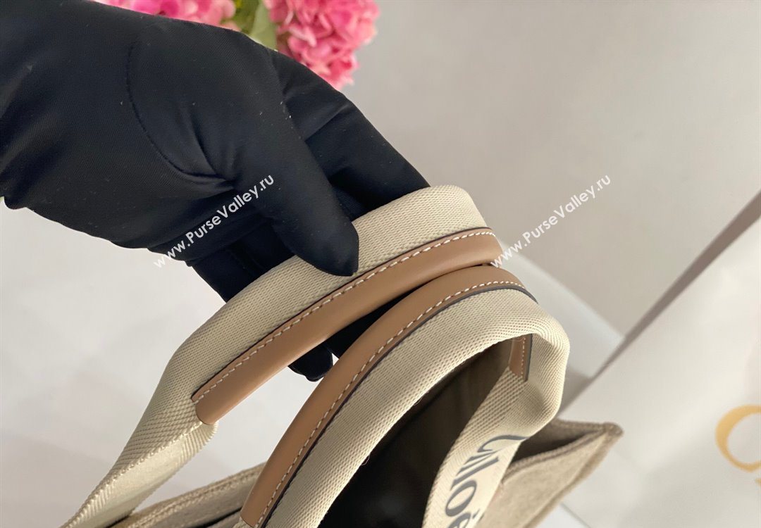 Chloe Large Woody Tote Bag in Linen Canvas and Calfskin Leather Beige 2025 1120 (DLA-251120070)