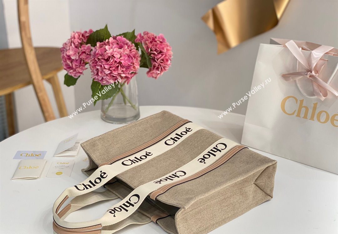 Chloe Large Woody Tote Bag in Linen Canvas and Calfskin Leather Beige 2025 1120 (DLA-251120070)