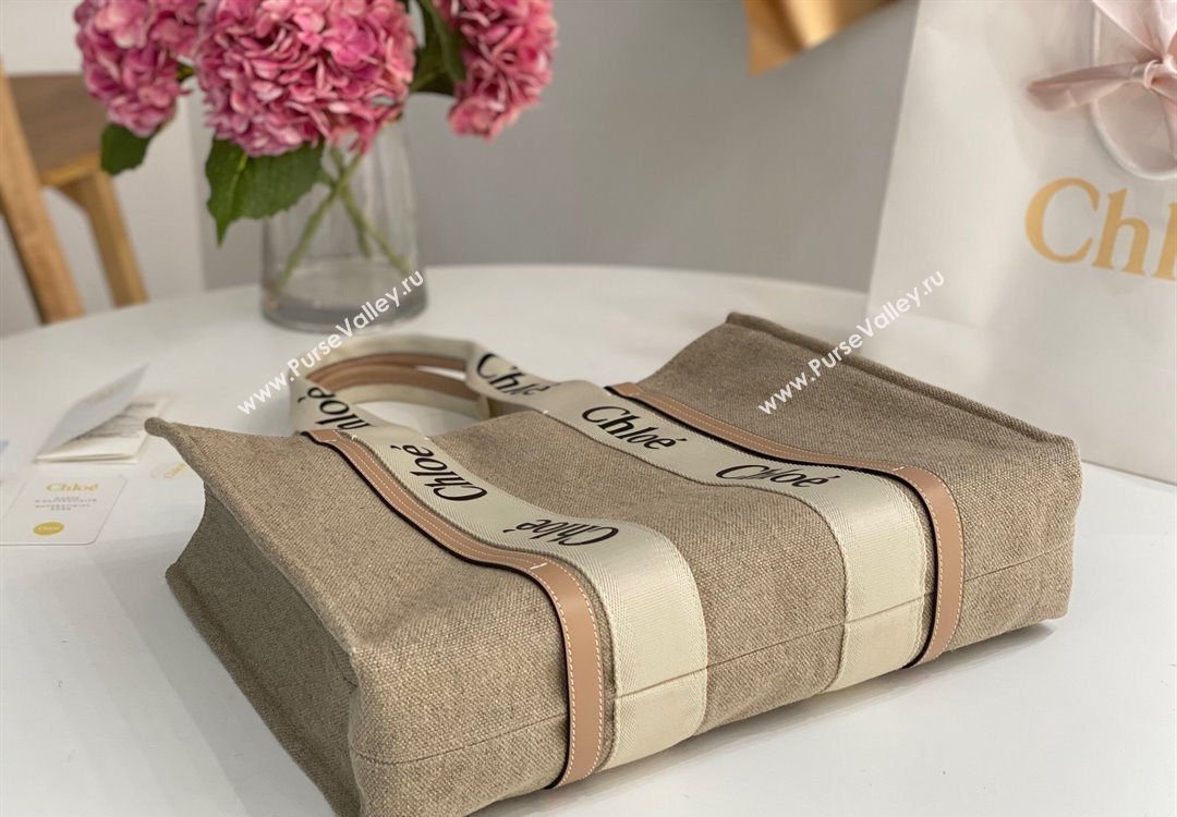 Chloe Large Woody Tote Bag in Linen Canvas and Calfskin Leather Beige 2025 1120 (DLA-251120070)