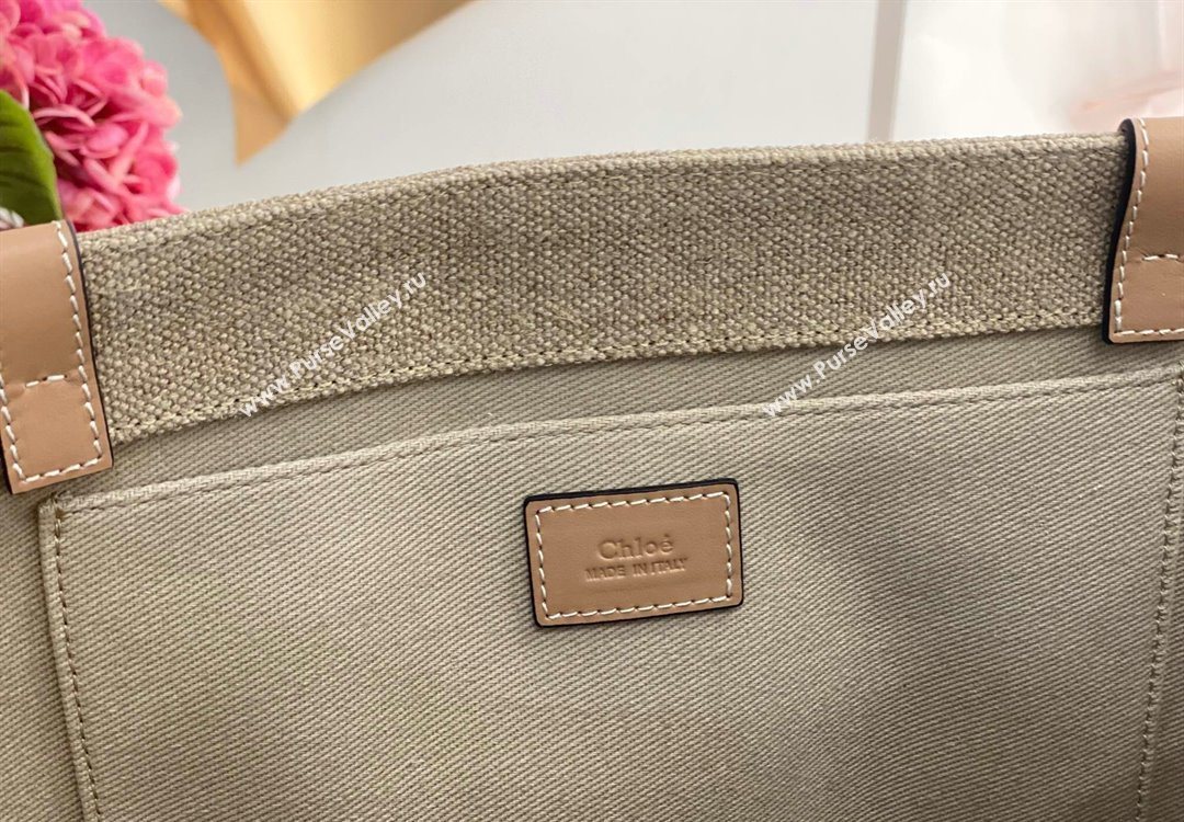 Chloe Large Woody Tote Bag in Linen Canvas and Calfskin Leather Beige 2025 1120 (DLA-251120070)
