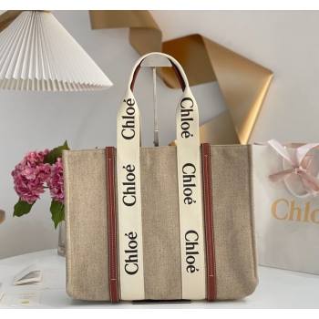 Chloe Large Woody Tote Bag in Linen Canvas and Calfskin Leather Brown 2025 1120 (DLA-251120071)
