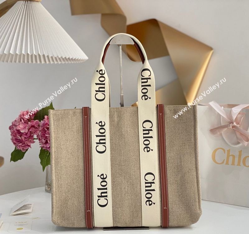 Chloe Large Woody Tote Bag in Linen Canvas and Calfskin Leather Brown 2025 1120 (DLA-251120071)