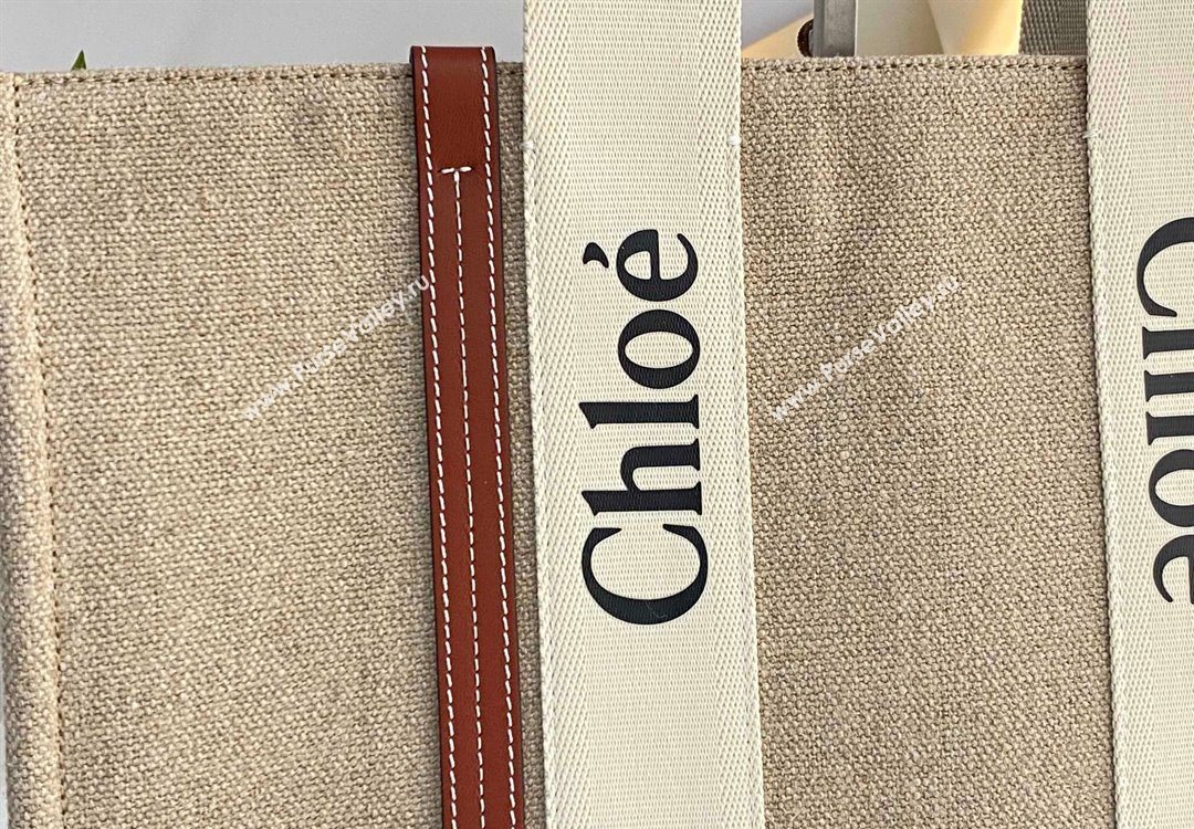 Chloe Large Woody Tote Bag in Linen Canvas and Calfskin Leather Brown 2025 1120 (DLA-251120071)