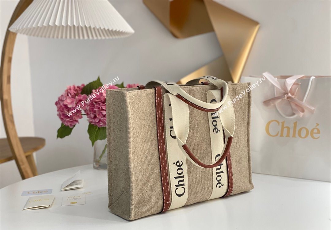 Chloe Large Woody Tote Bag in Linen Canvas and Calfskin Leather Brown 2025 1120 (DLA-251120071)