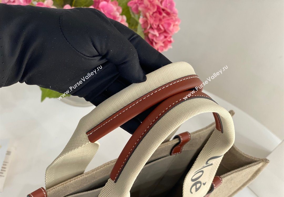 Chloe Large Woody Tote Bag in Linen Canvas and Calfskin Leather Brown 2025 1120 (DLA-251120071)