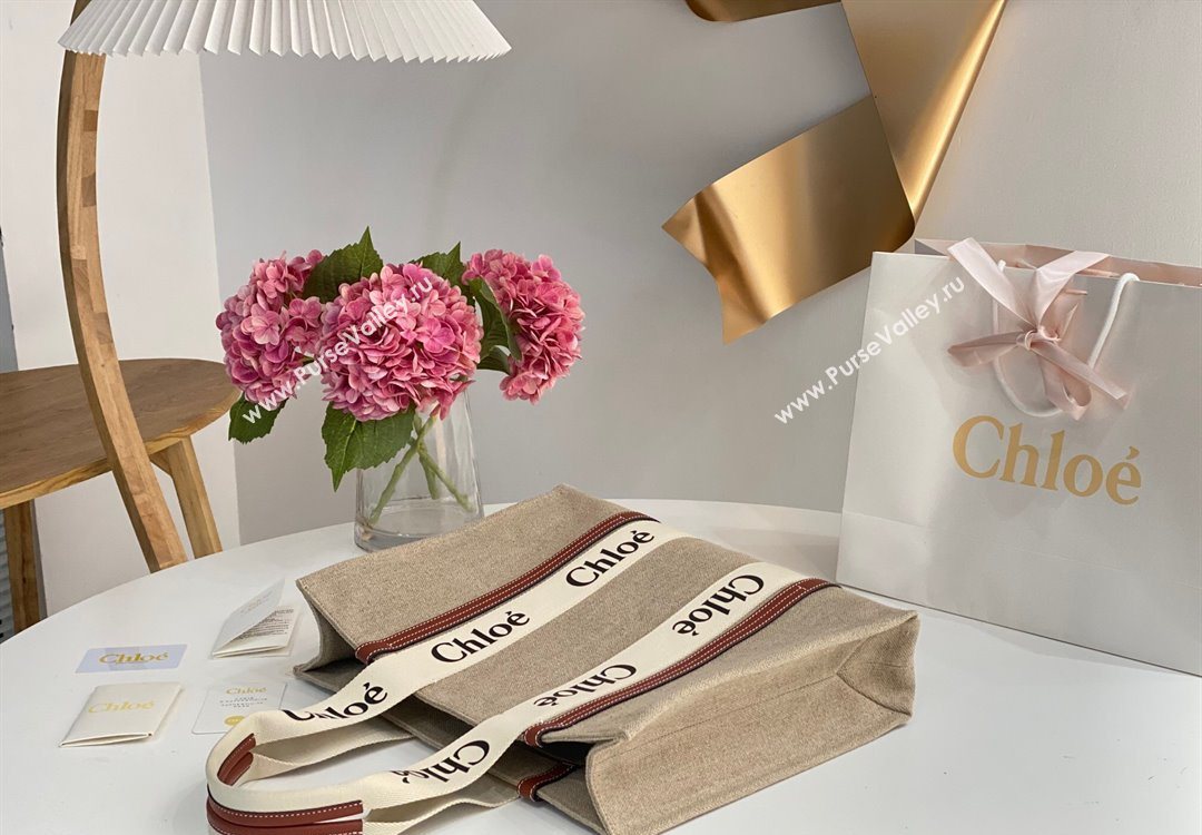 Chloe Large Woody Tote Bag in Linen Canvas and Calfskin Leather Brown 2025 1120 (DLA-251120071)