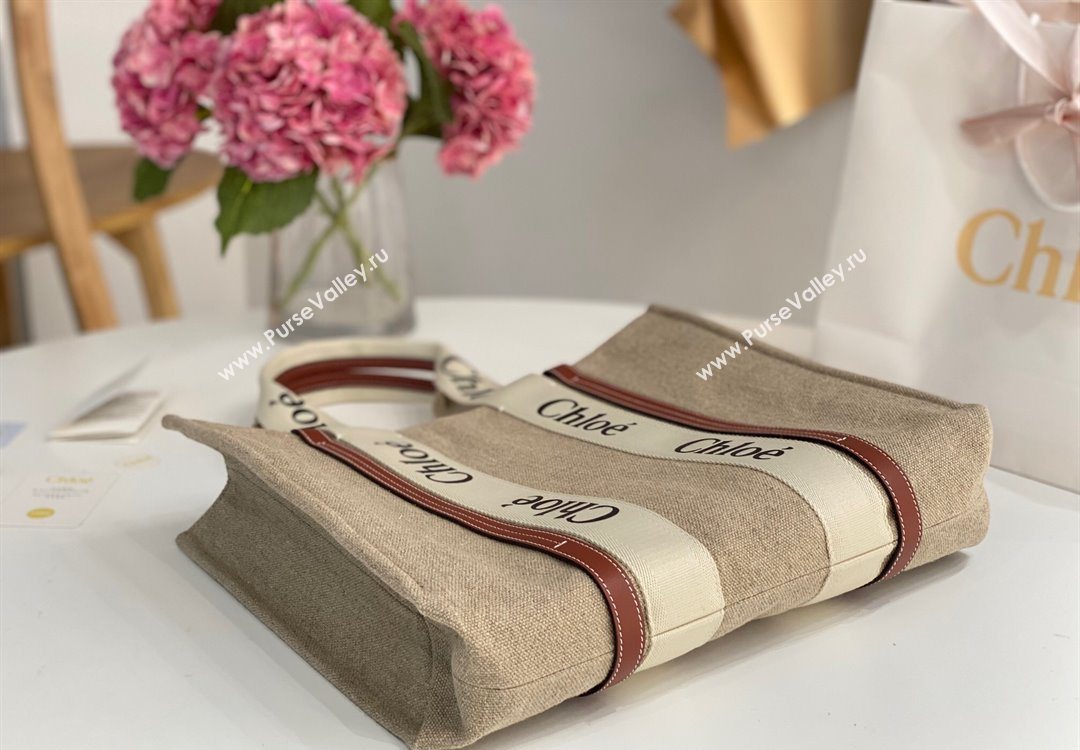 Chloe Large Woody Tote Bag in Linen Canvas and Calfskin Leather Brown 2025 1120 (DLA-251120071)