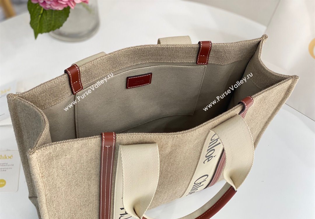Chloe Large Woody Tote Bag in Linen Canvas and Calfskin Leather Brown 2025 1120 (DLA-251120071)